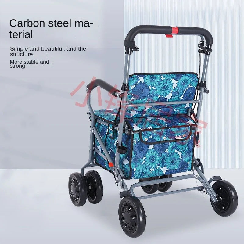 Foldable Four-Wheeled Elderly Shopping Cart Walker – Lightweight Mobility Aid with Walking Stick Support