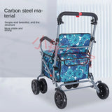 Foldable Four-Wheeled Elderly Shopping Cart Walker – Lightweight Mobility Aid with Walking Stick Support