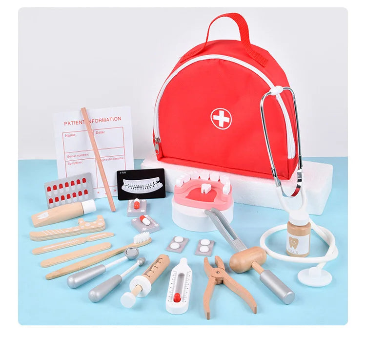 Wooden Pretend Play Doctor Educational Toys for Children Simulation Dentist Check Brush Teeth Medicine Set Role Playing Games