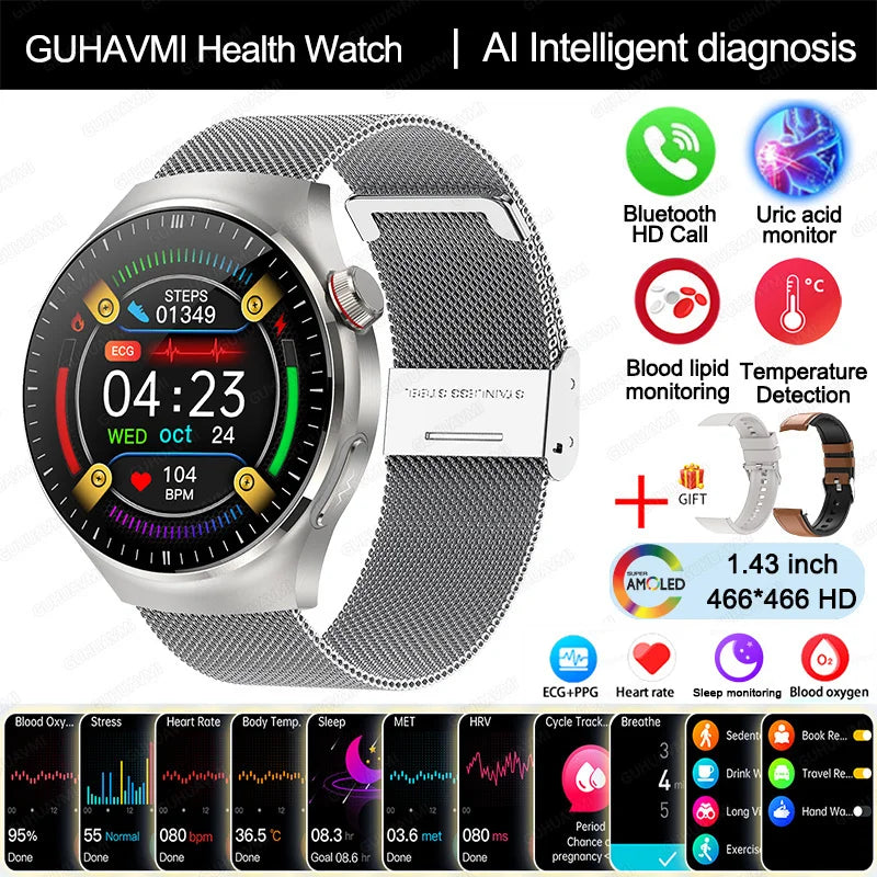 2025 Nursing-Grade Health Smartwatch – ECG+PPG, Blood Oxygen, Blood Lipid, Uric Acid, Body Temperature & Bluetooth Call