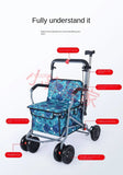 Foldable Four-Wheeled Elderly Shopping Cart Walker – Lightweight Mobility Aid with Walking Stick Support