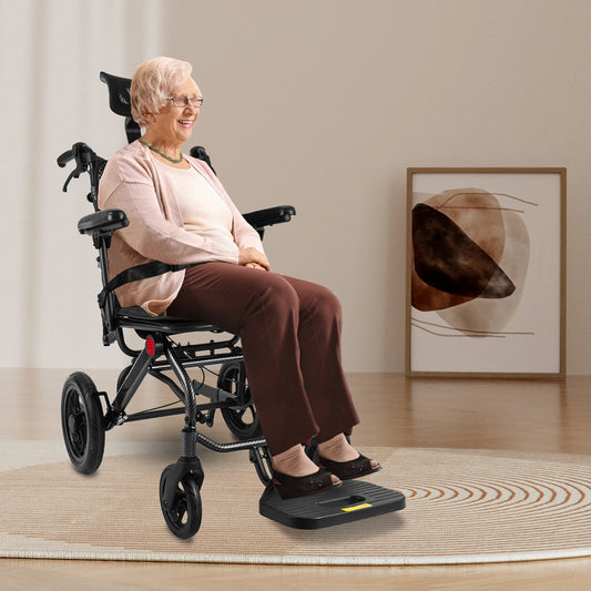 Super Lightweight Reclining Travel Wheelchair – Portable Folding Transport Chair with Adjustable Headrest for Seniors