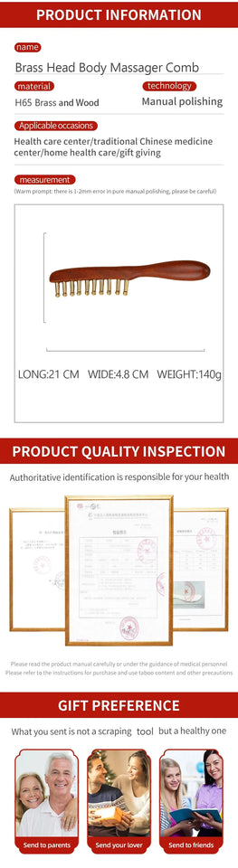 10-Teeth Copper & Wood Massager Comb for Head Meridian Therapy and Relaxation