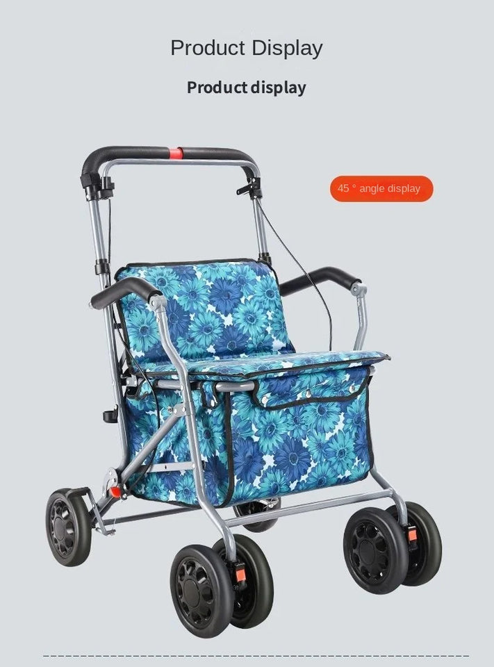 Foldable Four-Wheeled Elderly Shopping Cart Walker – Lightweight Mobility Aid with Walking Stick Support
