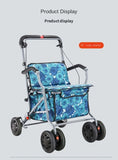 Foldable Four-Wheeled Elderly Shopping Cart Walker – Lightweight Mobility Aid with Walking Stick Support