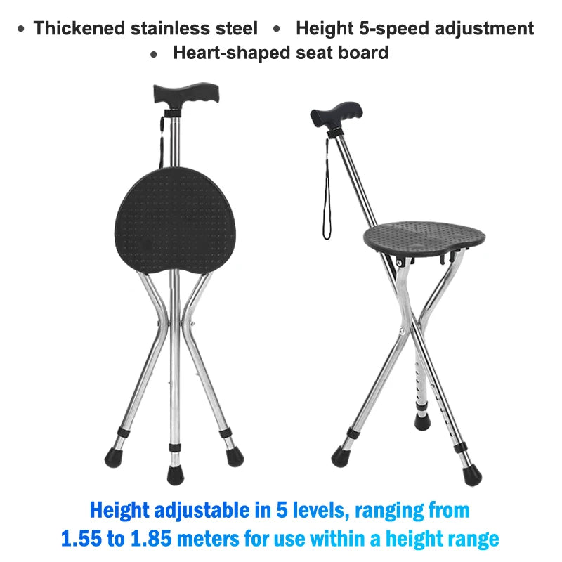Telescopic Folding Crutch Chair – Three-Legged Walking Stick & Cane Stool for Elderly Stability
