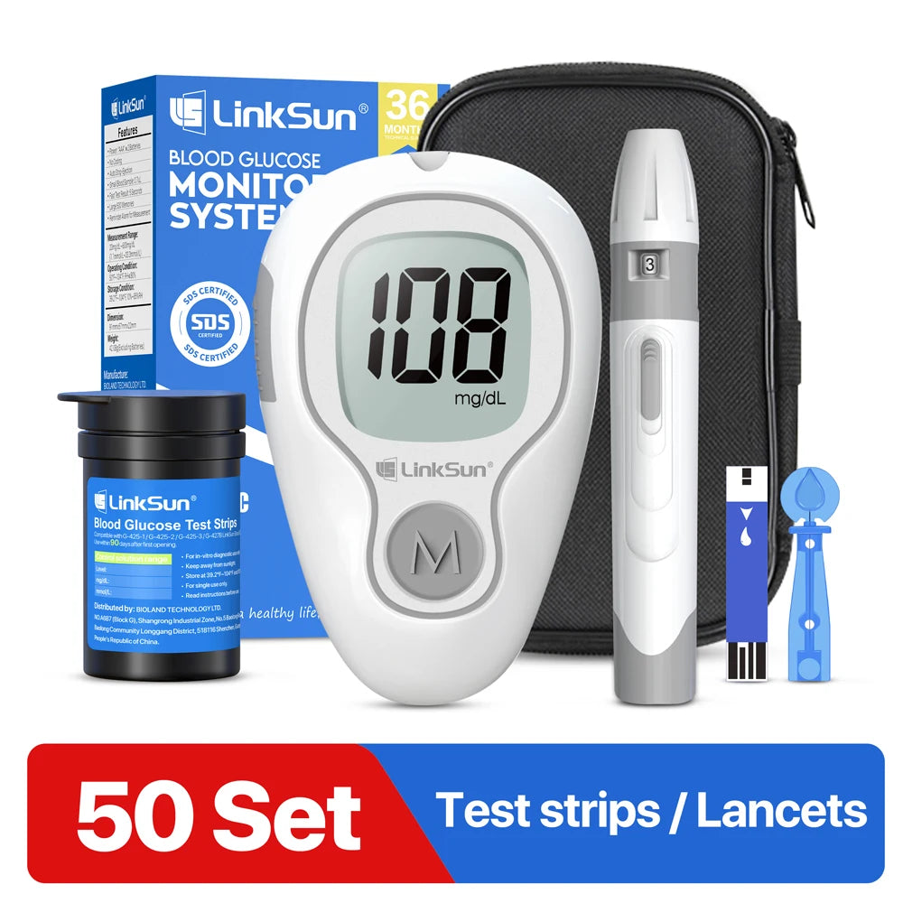 LinkSun G‑425‑3 Blood Glucose Meter Kit – No‑Coding, Large Display, Includes 10/50/100 Strips & Lancets