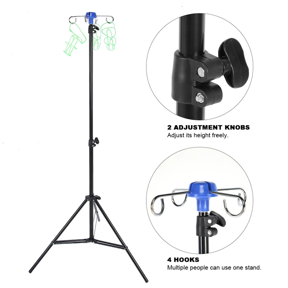Portable Adjustable IV Pole Stand – Foldable Aluminum Alloy Drip Bag Holder with 4 Hooks & 3 Legs