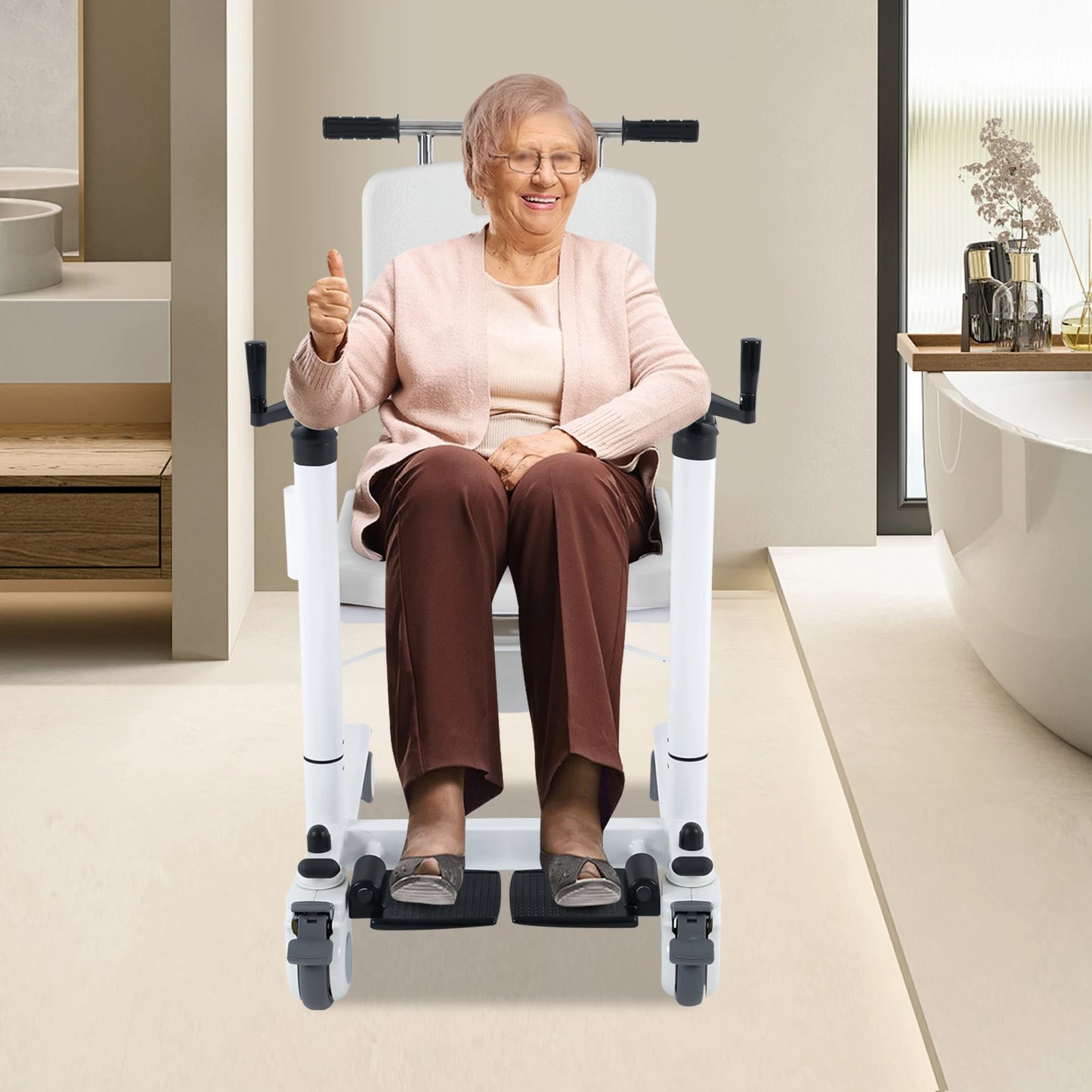 Heavy Duty Lift Transfer Chair – 264 lbs Capacity, 4 Silent Braked Wheels, Shower Commode Wheelchair for Elderly & Disabled