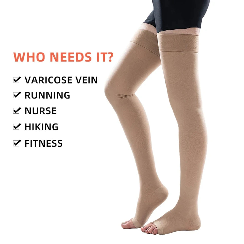 1 Pair Open Toe Thigh High Compression Stockings with Silicone Band – 20-30mmHg Graduated Support for Varicose Veins
