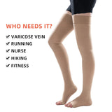 1 Pair Open Toe Thigh High Compression Stockings with Silicone Band – 20-30mmHg Graduated Support for Varicose Veins