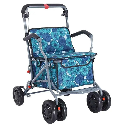 Foldable Four-Wheeled Elderly Shopping Cart Walker – Lightweight Mobility Aid with Walking Stick Support