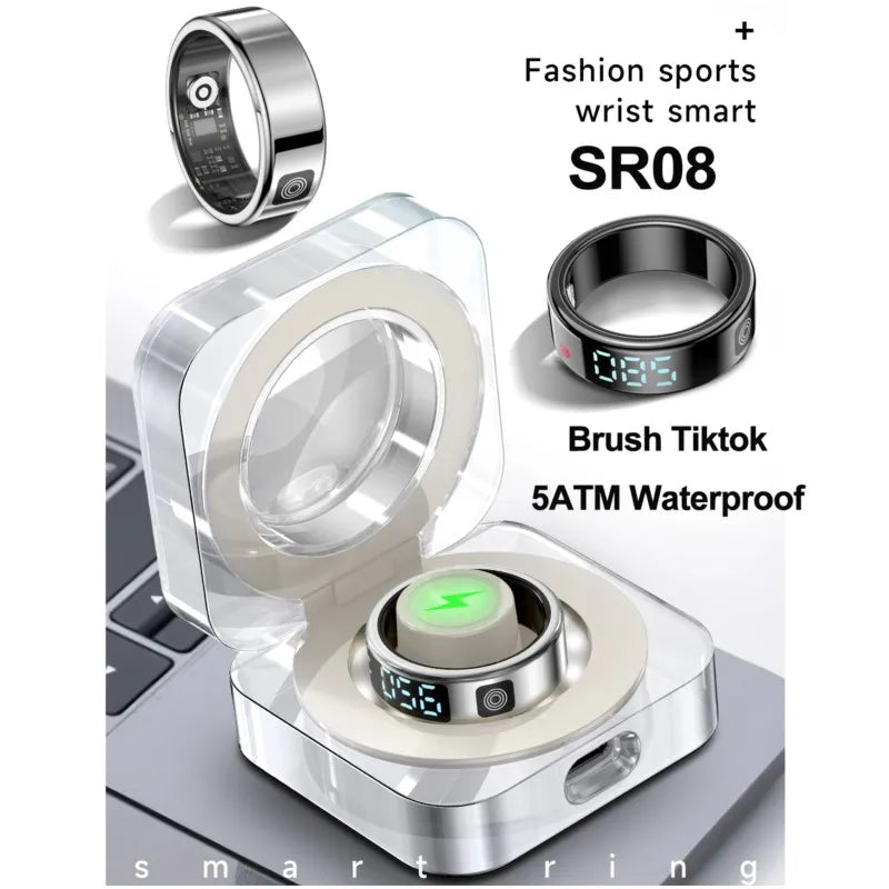 2025 SR08 Smart Ring – LED Display, Heart Rate & SpO₂ Monitor, 5ATM Waterproof Fitness Ring for Men & Women