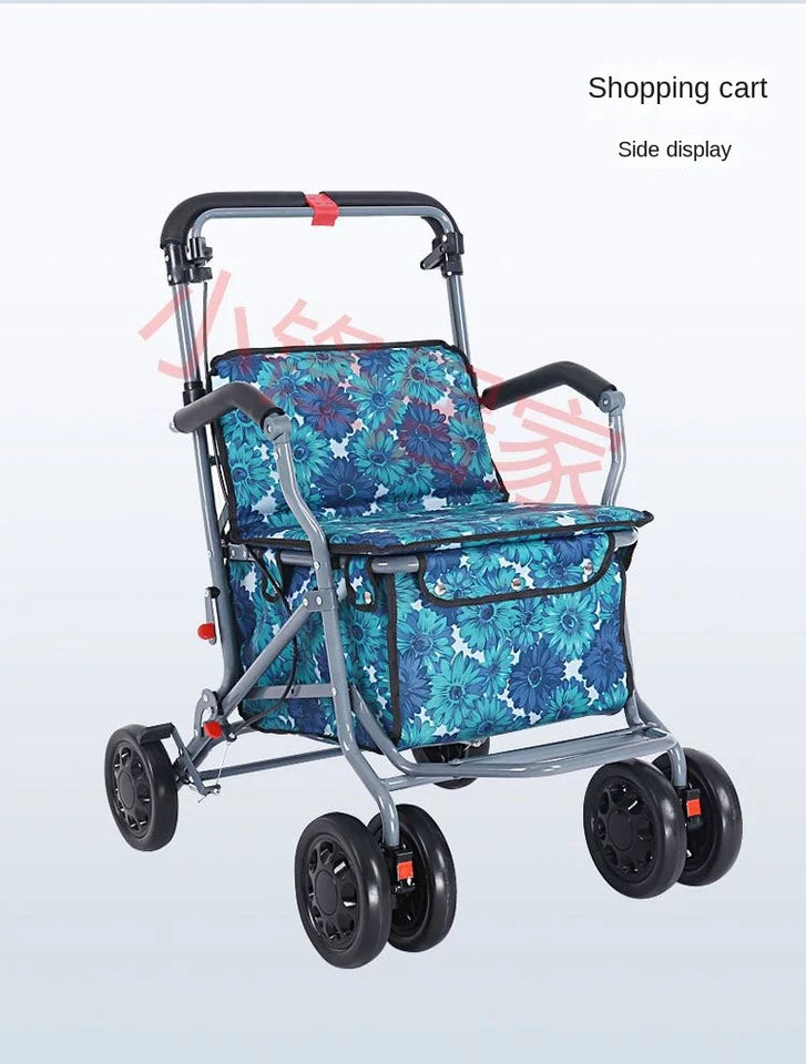 Foldable Four-Wheeled Elderly Shopping Cart Walker – Lightweight Mobility Aid with Walking Stick Support