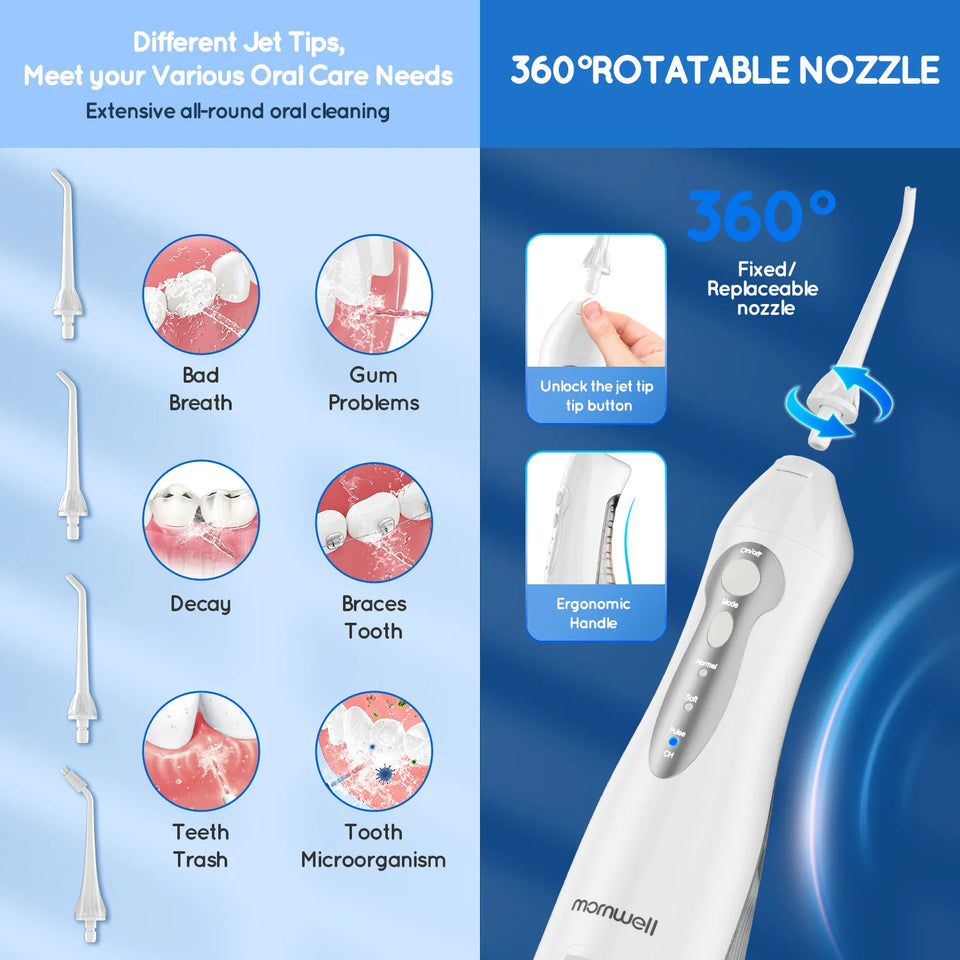 D52 Portable Oral Irrigator & Dental Water Flosser – 300ML, 4 Jet Tips, USB Rechargeable