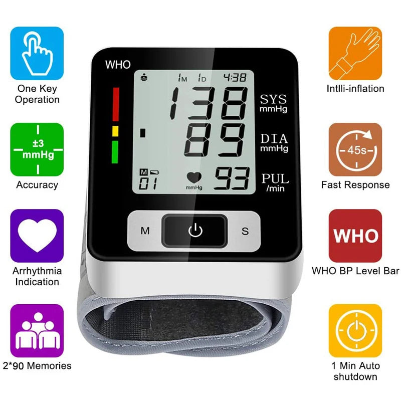 High-Accuracy Digital Wrist Blood Pressure Monitor – Electronic Sphygmomanometer with Automatic BP & Pulse Tracking