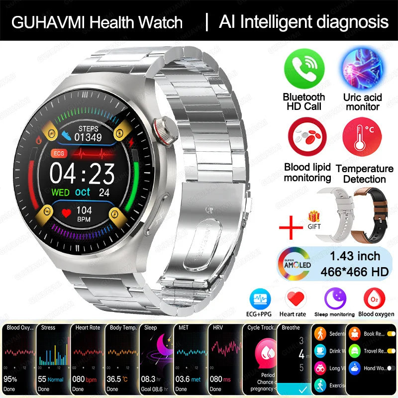 2025 Nursing-Grade Health Smartwatch – ECG+PPG, Blood Oxygen, Blood Lipid, Uric Acid, Body Temperature & Bluetooth Call