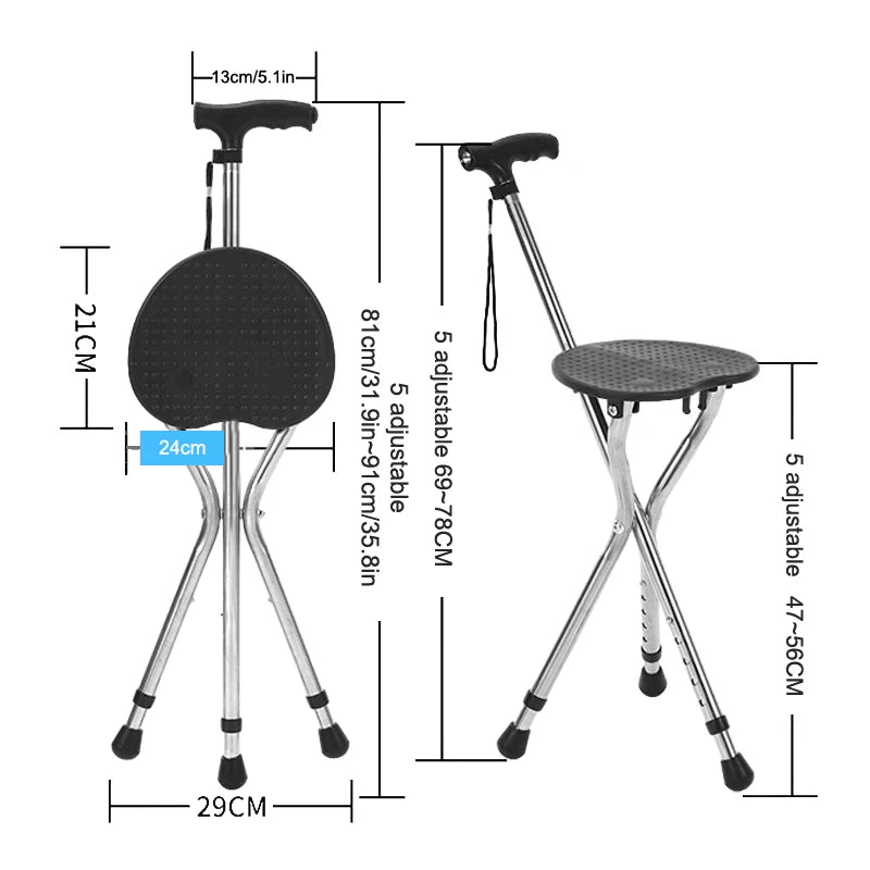 Telescopic Folding Crutch Chair – Three-Legged Walking Stick & Cane Stool for Elderly Stability