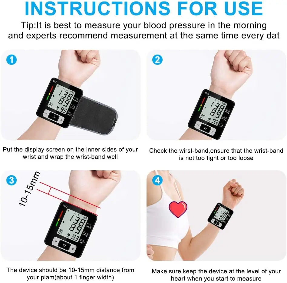 High-Accuracy Digital Wrist Blood Pressure Monitor – Electronic Sphygmomanometer with Automatic BP & Pulse Tracking