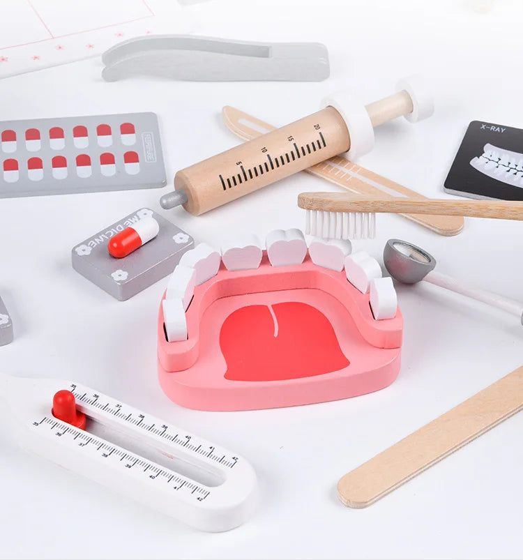 Wooden Pretend Play Doctor Educational Toys for Children Simulation Dentist Check Brush Teeth Medicine Set Role Playing Games