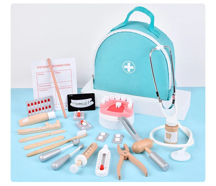 Wooden Pretend Play Doctor Educational Toys for Children Simulation Dentist Check Brush Teeth Medicine Set Role Playing Games