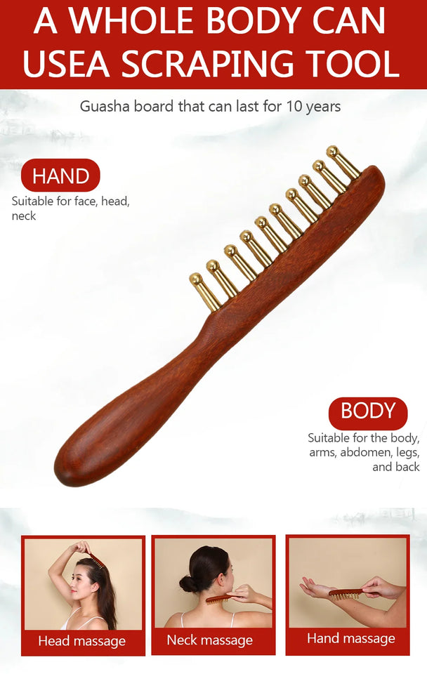 10-Teeth Copper & Wood Massager Comb for Head Meridian Therapy and Relaxation