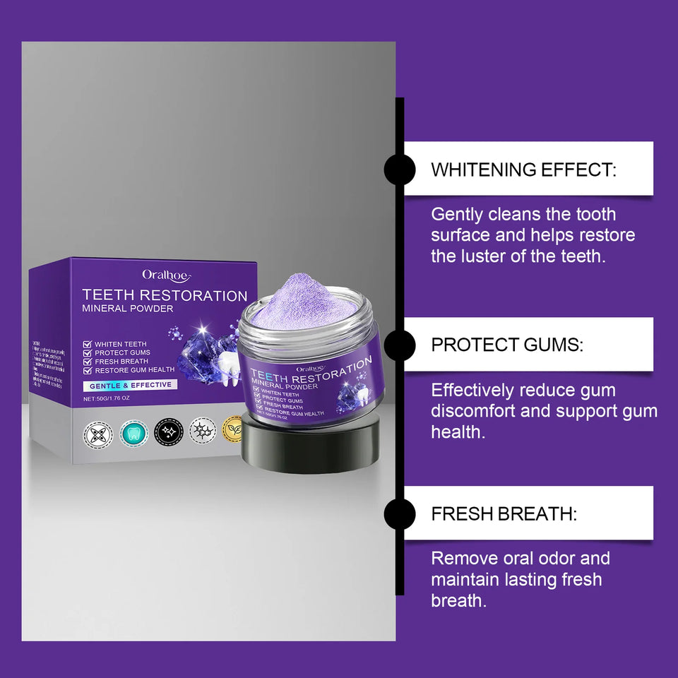 Teeth Restoration Mineral Powder – Purple Whitening Toothpaste for Stain Removal, Fresh Breath & Oral Care
